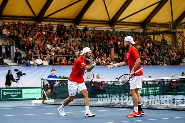 TENNIS - Davis Cup, AUT vs URU PREMSTAETTEN,AUSTRIA,07.MAR.20 - TENNIS - ITF Davis Cup, Austria vs Uruguay. Image shows the rejoicing of Juergen Melzer (AUT) and Oliver Marach (AUT). GEPAxpictures xMaticxKlansek