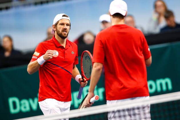 TENNIS - Davis Cup, AUT vs URU PREMSTAETTEN,AUSTRIA,07.MAR.20 - TENNIS - ITF Davis Cup, Austria vs Uruguay. Image shows the rejoicing of Juergen Melzer (AUT) and Oliver Marach (AUT). GEPAxpictures xMaticxKlansek