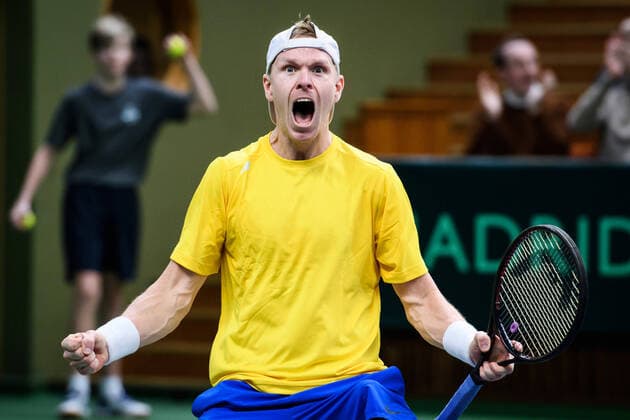 200307 Markus Eriksson of Sweden celebrate after a Davis Cup qualification tennis match between Sweden and Chile on March 7, 2020 in Stockholm. Copyright: ERIKxSIMANDER BB200307BB552