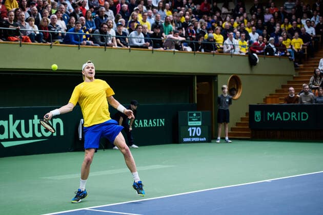 200307 Markus Eriksson of Sweden during a Davis Cup qualification tennis match between Sweden and Chile on March 7, 2020 in Stockholm. Copyright: ERIKxSIMANDER BB200307BB553
