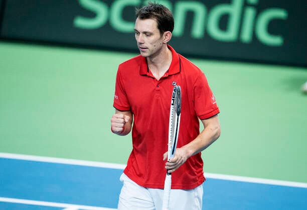 Single mellem Frederik Loechte Nielsen og Ignacio Garcia. Danmark moeder Puerto Rico i Davis Cup i Holbaek Sportsby, loerdag den 7. marts 2020. , Holbaek Denmark Copyright: ClausxBechx cop103 spdk20200307-151553-L