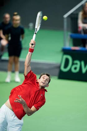 Single mellem Frederik Loechte Nielsen og Ignacio Garcia. Danmark moeder Puerto Rico i Davis Cup i Holbaek Sportsby, loerdag den 7. marts 2020. , Holbaek Denmark Copyright: ClausxBechx cop103 spdk20200307-151558-L
