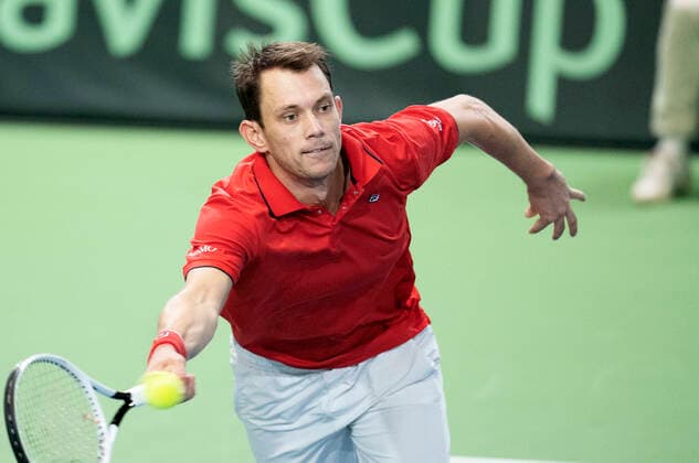 Single mellem Frederik Loechte Nielsen og Ignacio Garcia. Danmark moeder Puerto Rico i Davis Cup i Holbaek Sportsby, loerdag den 7. marts 2020. , Holbaek Denmark Copyright: ClausxBechx cop103 spdk20200307-151708-L