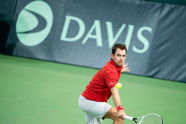 Single mellem Frederik Loechte Nielsen og Ignacio Garcia. Danmark moeder Puerto Rico i Davis Cup i Holbaek Sportsby, loerdag den 7. marts 2020. , Holbaek Denmark Copyright: ClausxBechx cop103 spdk20200307-152114-L