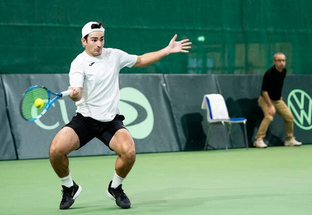 Single mellem Frederik Loechte Nielsen og Ignacio Garcia. Danmark moeder Puerto Rico i Davis Cup i Holbaek Sportsby, loerdag den 7. marts 2020. , Holbaek Denmark Copyright: ClausxBechx cop103 spdk20200307-152122-L