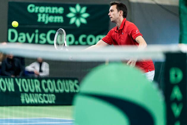 Single mellem Frederik Loechte Nielsen og Ignacio Garcia. Danmark moeder Puerto Rico i Davis Cup i Holbaek Sportsby, loerdag den 7. marts 2020. , Holbaek Denmark Copyright: ClausxBechx cop103 spdk20200307-152617-L