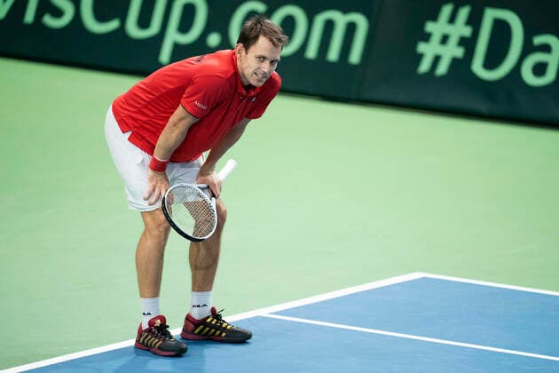Single mellem Frederik Loechte Nielsen og Ignacio Garcia. Danmark moeder Puerto Rico i Davis Cup i Holbaek Sportsby, loerdag den 7. marts 2020. , Holbaek Denmark Copyright: ClausxBechx cop103 spdk20200307-153145-L