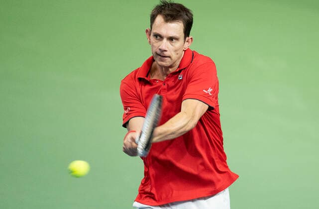 Single mellem Frederik Loechte Nielsen og Ignacio Garcia. Danmark moeder Puerto Rico i Davis Cup i Holbaek Sportsby, loerdag den 7. marts 2020. , Holbaek Denmark Copyright: ClausxBechx cop103 spdk20200307-153149-L