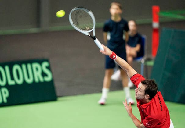 Single mellem Frederik Loechte Nielsen og Ignacio Garcia. Danmark moeder Puerto Rico i Davis Cup i Holbaek Sportsby, loerdag den 7. marts 2020. , Holbaek Denmark Copyright: ClausxBechx cop103 spdk20200307-153153-L