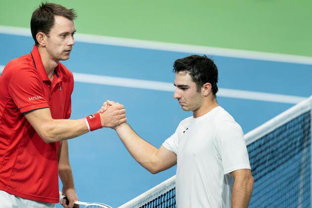 Single mellem Frederik Loechte Nielsen og Ignacio Garcia. Danmark moeder Puerto Rico i Davis Cup i Holbaek Sportsby, loerdag den 7. marts 2020. , Holbaek Denmark Copyright: ClausxBechx cop103 spdk20200307-153159-L