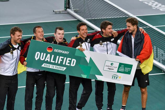 07.03.2020, GER, Davis Cup, Deutschland vs Weißrussland 07.03.2020, GER, Davis Cup, Deutschland vs Weißrussland , CASTELLO Düsseldorf, Duesseldorf im Bild picture shows die Mannschaft von Deutschland Jubel Freude Emotion nach dem Sieg