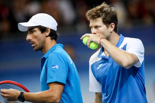TENNIS - Davis Cup, AUT vs URU PREMSTAETTEN,AUSTRIA,07.MAR.20 - TENNIS - ITF Davis Cup, Austria vs Uruguay. Image shows Pablo Cuevas (URU) and Ariel Behar (URU). GEPAxpictures xMaticxKlansek