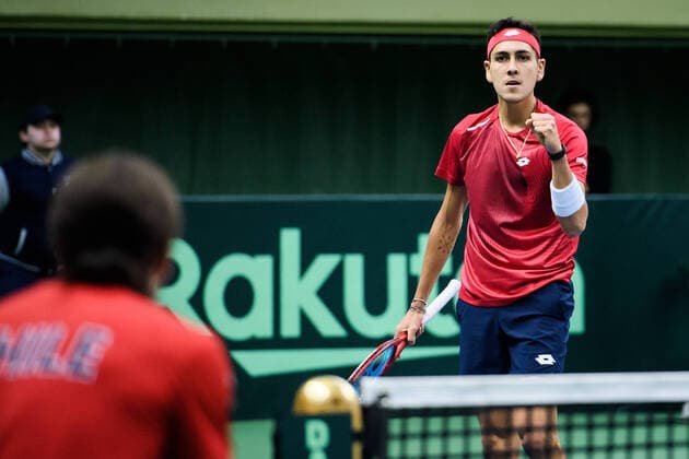 200307 Alejandro Tabilo of Chile celebrate during a Davis Cup qualification tennis match between Sweden and Chile on March 7, 2020 in Stockholm. Copyright: ERIKxSIMANDER BB200307BB869