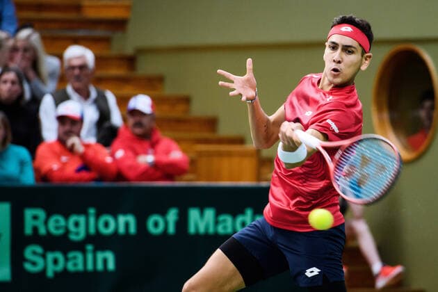 200307 Alejandro Tabilo of Chile during a Davis Cup qualification tennis match between Sweden and Chile on March 7, 2020 in Stockholm. Copyright: ERIKxSIMANDER BB200307BB872