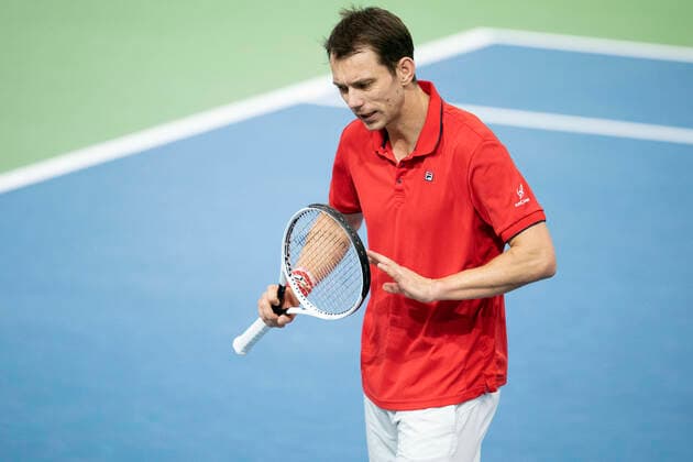 Single mellem Frederik Loechte Nielsen og Ignacio Garcia. Danmark moeder Puerto Rico i Davis Cup i Holbaek Sportsby, loerdag den 7. marts 2020. , Holbaek Denmark Copyright: ClausxBechx cop103 spdk20200307-155646-L