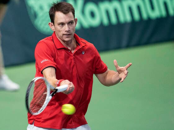 Single mellem Frederik Loechte Nielsen og Ignacio Garcia. Danmark moeder Puerto Rico i Davis Cup i Holbaek Sportsby, loerdag den 7. marts 2020. , Holbaek Denmark Copyright: ClausxBechx cop103 spdk20200307-155655-L