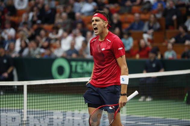 Chile s Alejandro Tabilo during the Davis Cup qualifier between Sweden s Mikael Ymer and Chile s Alejandro Tabilo in the Royal Tennis Hall in Stockholm, Sweden on March 7, 2020. Photo Christine Olsson TT Stockholm Sweden x10430x