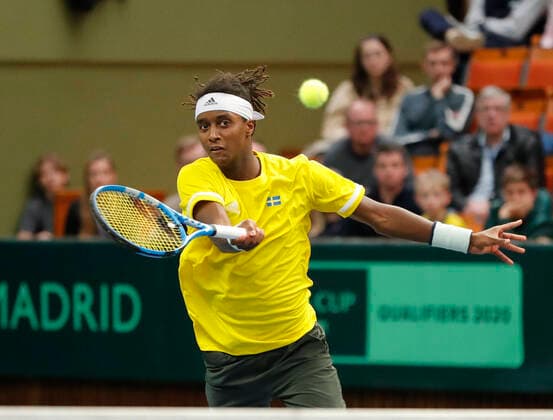 Sweden s Mikael Ymer returns to Chile s Alejandro Tabilo during the Davis Cup qualifier between Sweden and Chile in the Royal Tennis Hall in Stockholm, Sweden on March 7, 2020. Photo Christine Olsson TT Stockholm Sweden x10430x