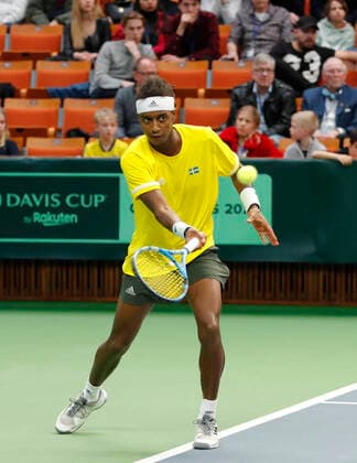 Sweden s Mikael Ymer returns to Chile s Alejandro Tabilo during the Davis Cup qualifier between Sweden and Chile in the Royal Tennis Hall in Stockholm, Sweden on March 7, 2020. Photo Christine Olsson TT Stockholm Sweden x10430x