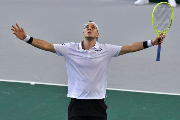 07.03.2020, GER, Davis Cup, Deutschland vs Weißrussland 07.03.2020, GER, Davis Cup, Deutschland vs Weißrussland , CASTELLO , Duesseldorf, im Bild picture shows Jan-Lennard Struff (GER) Jubel Freude Emotion nach seinem Sieg