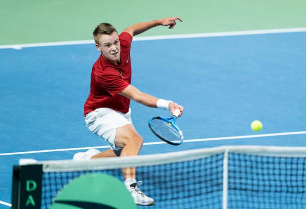 Single mellem Holger Rune og Quinton Vega. Danmark moeder Puerto Rico i Davis Cup i Holbaek Sportsby, loerdag den 7. marts 2020. , Holbaek Denmark Copyright: ClausxBechx cop103 spdk20200307-163716-L