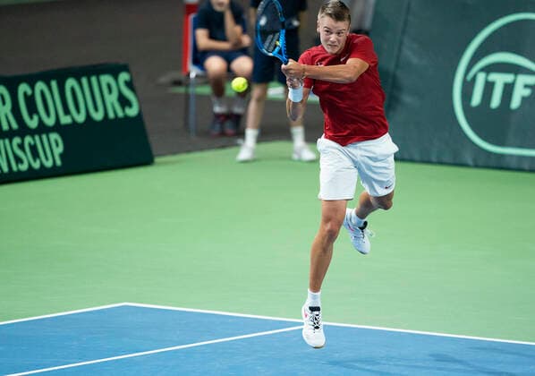 Single mellem Holger Rune og Quinton Vega. Danmark moeder Puerto Rico i Davis Cup i Holbaek Sportsby, loerdag den 7. marts 2020. , Holbaek Denmark Copyright: ClausxBechx cop103 spdk20200307-163721-L
