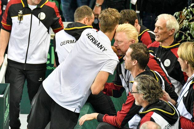 07.03.2020, GER, Davis Cup, Deutschland vs Weißrussland 07.03.2020, GER, Davis Cup, Deutschland vs Weißrussland , CASTELLO , Duesseldorf, im Bild picture shows Jan-Lennard Struff (GER) Jubel Freude Emotion mit Boris Becker