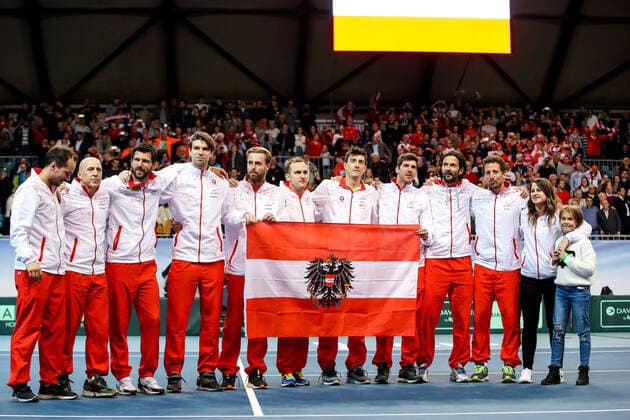 TENNIS - Davis Cup, AUT vs URU PREMSTAETTEN,AUSTRIA,07.MAR.20 - TENNIS - ITF Davis Cup, Austria vs Uruguay. Image shows the rejoicing of team Austria. Keywords: flag. GEPAxpictures xMaticxKlansek