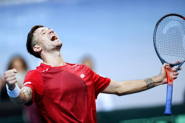 TENNIS - Davis Cup, AUT vs URU PREMSTAETTEN,AUSTRIA,07.MAR.20 - TENNIS - ITF Davis Cup, Austria vs Uruguay. Image shows the rejoicing of Dennis Novak (AUT). GEPAxpictures xMaticxKlansek
