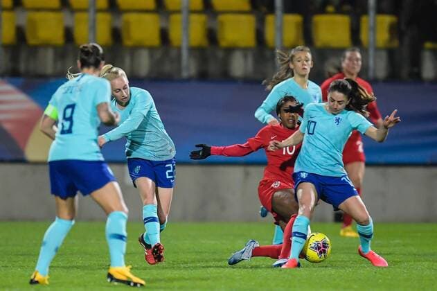 (L-R)Sherida Spitse of Netherlands women, Inessa Kaagman of Netherlands women, Ashley Lawrence of Canada women, Danielle van de Donk of Netherlands women during the women s International Friendly, Länderspiel, Nationalmannschaft Tournoi de France match between Canada and The Netherlands at Stade de l Epopeeon March 07, 2020 in Calais, France International Friendly 2019 2020 xVIxANPxSportx xGerritxvanxKeulenxIVx 407874227