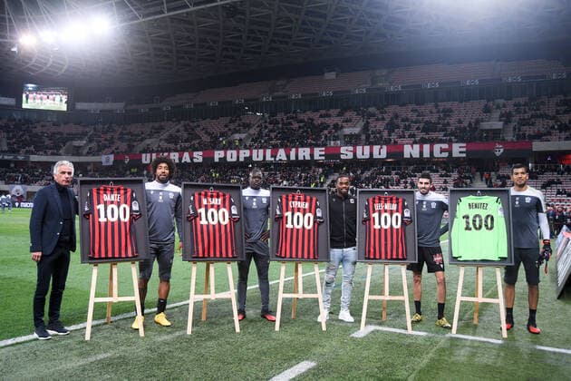 HOMMAGE - FAIR PLAY - JOIE - 04 DANTE (NICE) - 23 MALANG SARR (NICE) - 25 WYLAN CYPRIEN (NICE) - 08 PIERRE LEES MELOU (NICE) - 40 WALTER BENITEZ (NICE) - JEAN PIERRE RIVERE (President OGC Nice) FOOTBALL : Nice vs Monaco - Ligue 1 Conforama - 07 03 2020 FEP Panoramic 
