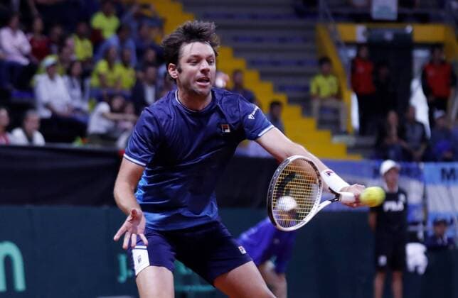 Argentine tennis player Horacio Zeballos returns a ball against the Colombians Juan Sebastian Cabal and Robert Farah, in a match amid the qualifying round of the 2020 Davis Cup at the Palacio de los Deportes in Bogota, Colombia, 07 March 2020. Colombia - Argentina: Cabal and Farah vs. Gonzalez and Zeballos !ACHTUNG: NUR REDAKTIONELLE NUTZUNG!  Copyright: xMAURICIOxDUEÑASxCASTAÑEDAx AME2075 20200307-637192107427884476