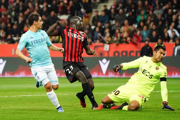 But - Wissam Ben Yedder (AS Monaco) - Malang Sarr (OGC Nice) - Walter Benitez (OGC Nice) FOOTBALL : OGC Nice vs AS Monaco - Ligue 1 Conforama - Nice - 07 03 2020 NorbertScanella PanoramiC 