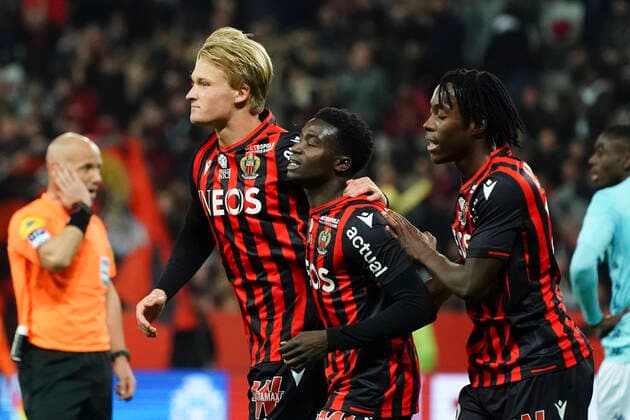 Joie - Kasper Dolberg (OGC Nice) - Moussa Wague (OGC Nice) - Arnaud Lusamba (OGC Nice) FOOTBALL : OGC Nice vs AS Monaco - Ligue 1 Conforama - Nice - 07 03 2020 NorbertScanella PanoramiC 