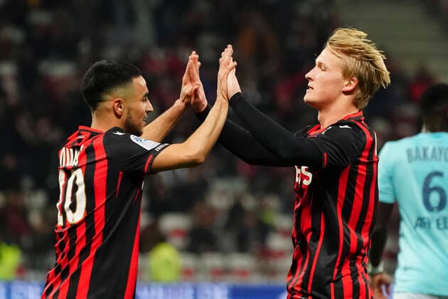 Joie - Kasper Dolberg (OGC Nice) - Adam Ounas (OGC Nice) FOOTBALL : OGC Nice vs AS Monaco - Ligue 1 Conforama - Nice - 07 03 2020 NorbertScanella PanoramiC 
