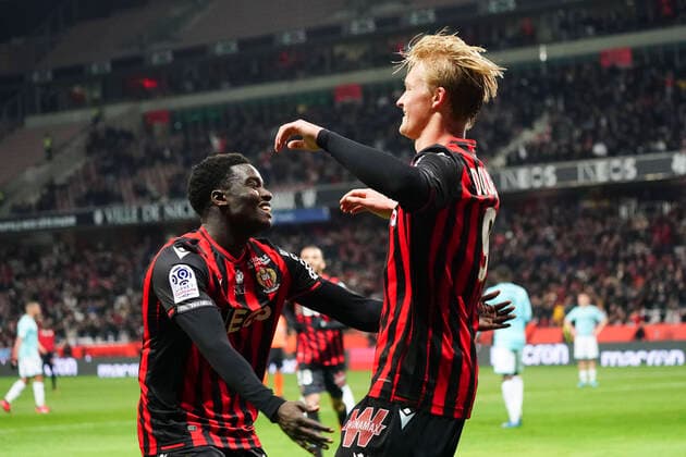 Joie - Kasper Dolberg (OGC Nice) - Moussa Wague (OGC Nice) FOOTBALL : OGC Nice vs AS Monaco - Ligue 1 Conforama - Nice - 07 03 2020 NorbertScanella PanoramiC 