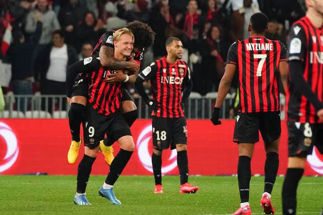 Joie - Kasper Dolberg (OGC Nice) - Dante (OGC Nice) FOOTBALL : OGC Nice vs AS Monaco - Ligue 1 Conforama - Nice - 07 03 2020 NorbertScanella PanoramiC 