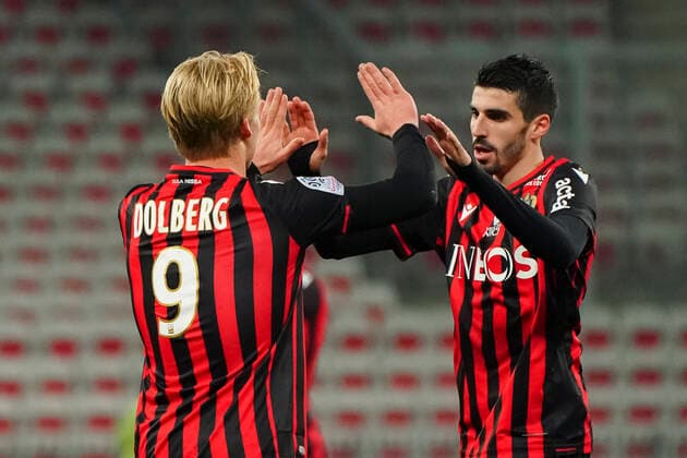 Joie - Kasper Dolberg (OGC Nice) - Pierre Lees Melou (OGC Nice) FOOTBALL : OGC Nice vs AS Monaco - Ligue 1 Conforama - Nice - 07 03 2020 NorbertScanella PanoramiC 