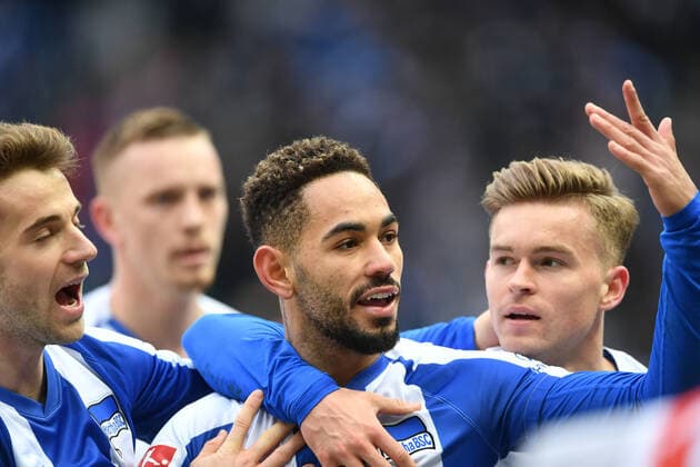 Matheus Santos Carneiro da Cunha (Hertha BSC), jubelt nach seinem Tor zum 2:2,, links Lukas Klünter (Hertha BSC), rechts Maximilian Mittelstädt (Hertha BSC), hinten Marius Wolf (Hertha BSC), Hertha BSC Berlin - SV Werder Bremen 1. Bundesliga 2019 2020, 1. BL, 1. Bundesliga, DFL, Fußball, Fussball, soccer, Herren, Männer, Maenner, Deutschland, Germany Berlin, 7.3.2020, Olympiastadion DFL REGULATIONS PROHIBIT ANY USE OF PHOTOGRAPHS AS IMAGE SEQUENCES AND OR QUASI-VIDEO