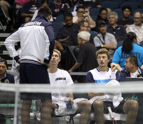 March 7, 2020 - Team Captain Farrukh Dustov (UZB) talks to his players during a Davis Cup by Rakuten Qualifier doubles match between Sanjar Fayziev (UZB) Denis Istomin (UZB) and Bob Bryan (USA) Mike Bryan (USA) at the Neal Blaisdell Center in Honolulu, HI - CSM Honolulu USA - ZUMAc04_ 20200307_zaf_c04_279 Copyright: xMichaelxSullivanx
