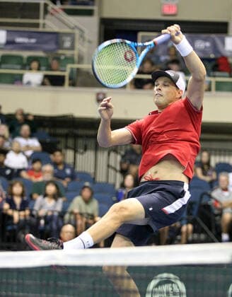 March 7, 2020 - Bob Bryan (USA) hits a volley during a Davis Cup by Rakuten Qualifier doubles match between Sanjar Fayziev (UZB) Denis Istomin (UZB) and Bob Bryan (USA) Mike Bryan (USA) at the Neal Blaisdell Center in Honolulu, HI - CSM Honolulu USA - ZUMAc04_ 20200307_zaf_c04_296 Copyright: xMichaelxSullivanx