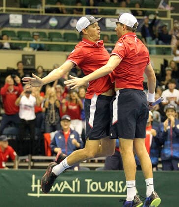 March 7, 2020 - The Bryans celebrate victory with their signature chest bump during a Davis Cup by Rakuten Qualifier doubles match between Sanjar Fayziev (UZB) Denis Istomin (UZB) and Bob Bryan (USA) Mike Bryan (USA) at the Neal Blaisdell Center in Honolulu, HI - CSM Honolulu USA - ZUMAc04_ 20200307_zaf_c04_303 Copyright: xMichaelxSullivanx