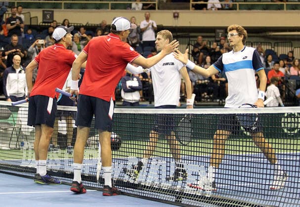 March 7, 2020 - Players meet at the net after Davis Cup by Rakuten Qualifier doubles match between Sanjar Fayziev (UZB) Denis Istomin (UZB) and Bob Bryan (USA) Mike Bryan (USA) at the Neal Blaisdell Center in Honolulu, HI - CSM Honolulu USA - ZUMAc04_ 20200307_zaf_c04_304 Copyright: xMichaelxSullivanx