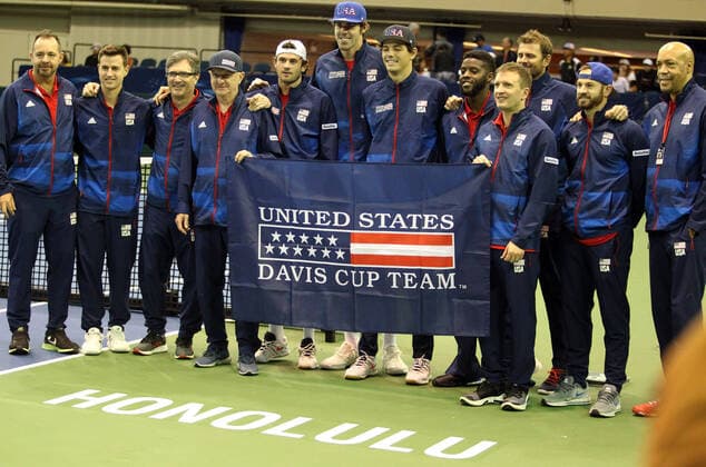March 7, 2020 - The entire Team USA contingent poses at the Honolulu marking after winning and qualifying for the Finals after a Davis Cup by Rakuten Qualifier dead rubber match between Denis Istomin (UZB) and Tommy Paul (USA) at the Neal Blaisdell Center in Honolulu, HI - CSM Honolulu USA - ZUMAc04_ 20200307_zaf_c04_337 Copyright: xMichaelxSullivanx