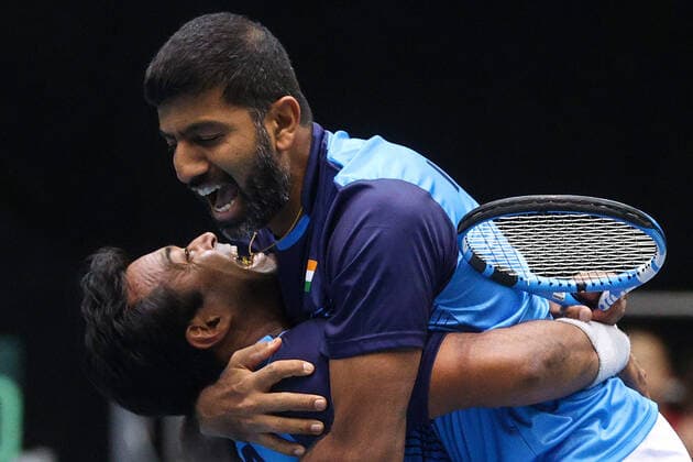 (200308) -- ZAGREB, March 8, 2020 -- Rohan Bopanna (R) and Leander Paes of India celebrate after winning the doubles match against Mate Pavic and Franko Skugor of Croatia during the Davis Cup Qualifiers between Croatia and India in Zagreb, Croatia, March 7, 2020. ( Pixsell via Xinhua) (SP)CROATIA-ZAGREB-TENNIS-DAVIS CUP-QUALIFIERS GoranxStanzl 