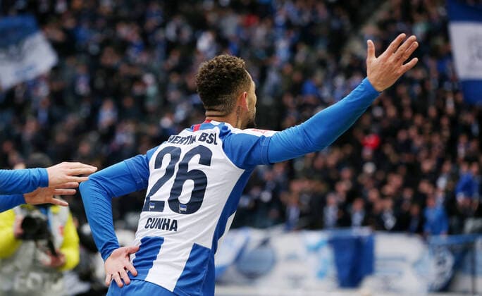 Matheus Cunha 2:2 Freude Emotion jubelnd Jubel nach 2:2 Ausgleich Fußball Fussball DFL Bundesliga Herren Saison 2019 2020 07.03.2020 Hertha BSC Berlin vs. SV Werder Bremen DFL regulations prohibit any use of photographs as image sequences and or quasi-video.