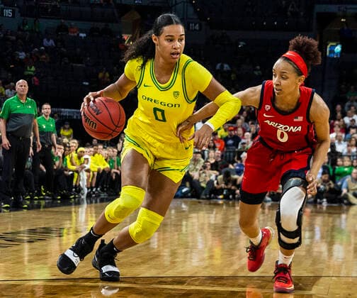 Mar 07 2020 Las Vegas, NV, U.S.A. Oregon Ducks forward Satou Sabally (0) drives to the basket during the NCAA, College League, USA Pac 12 Women s Basketball Tournament Semifinals between Arizona Wildcats and the Oregon Ducks 88-70 win at Mandalay Bay Event Center Las Vegas, NV. CSM Las Vegas USA - ZUMAc04_ 20200307_zaf_c04_549 Copyright: xThurmanxJamesx