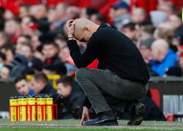 Bilder des Jahres 2020, Sport 03 März Sport Bilder des Tages Josep Guardiola manager of Manchester City head in hands on the touchline during the Premier League match at Old Trafford, Manchester. Picture date: 8th March 2020. Picture credit should read: Darren Staples Sportimage EDITORIAL USE ONLY. No use with unauthorised audio, video, data, fixture lists, club league logos or live services. Online in-match use limited to 120 images, no video emulation. No use in betting, games or single club league player publications. SPI-0537-0082