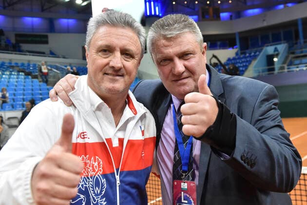 Czech captain Jaroslav Navratil, left, and President of Czech Tennis Association Ivo Kaderka, right, celebrate win of the Davis Cup qualifier Czech Republic vs. Slovakia in Bratislava, Slovakia, on March 7, 2020. (CTKxPhoto VaclavxSalek) CTKPhotoP202003070771601 sal 36k