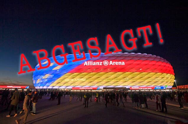 FOTOMONTAGE ARCHIVBILD! 25.09.2018, Fussball 1. Bundesliga 2018 2019, 5. Spieltag, FC Bayern München - FC Augsburg, in der Allianz-Arena München. Die Aussenfassade der Arena ist mit den Farben mit der Europa-Flagge und der Deutschlandfahne zur EM-2024 Bewerbung beleuchtet. Aktuell 10.03.2020, Fussball-EM 2020, Absage und Verschiebung steht im Raum, wegen dem Corona-Virus.